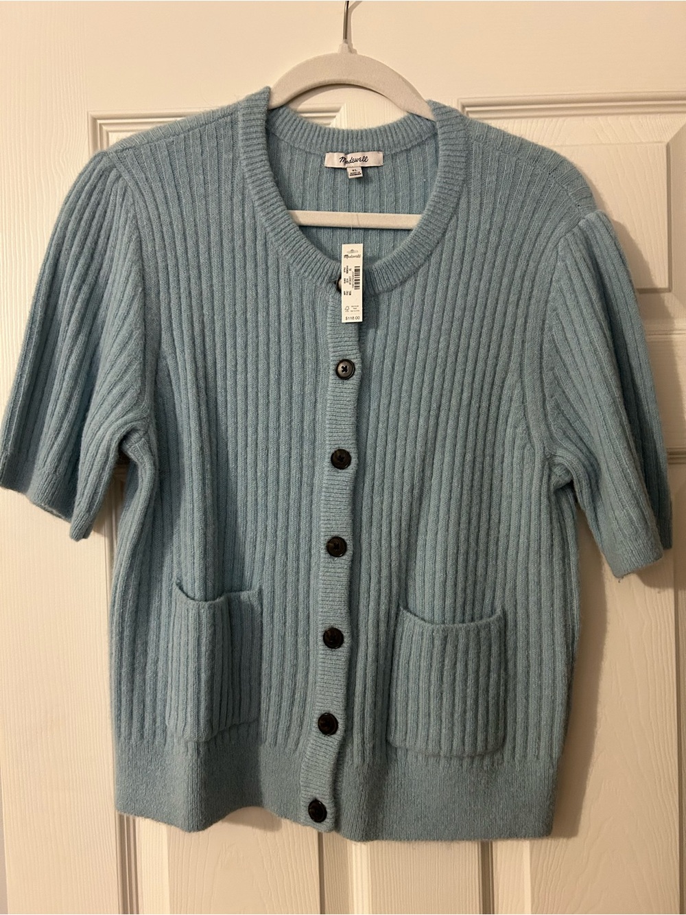 Madewell Cropped Rib Knit Button-Front Sweater Cardigan - Light Blue